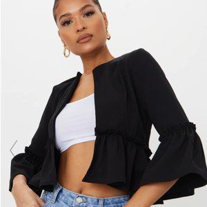 PrettyLittleThing Frill Sleeve Blazer - Black, Size 6 (M)